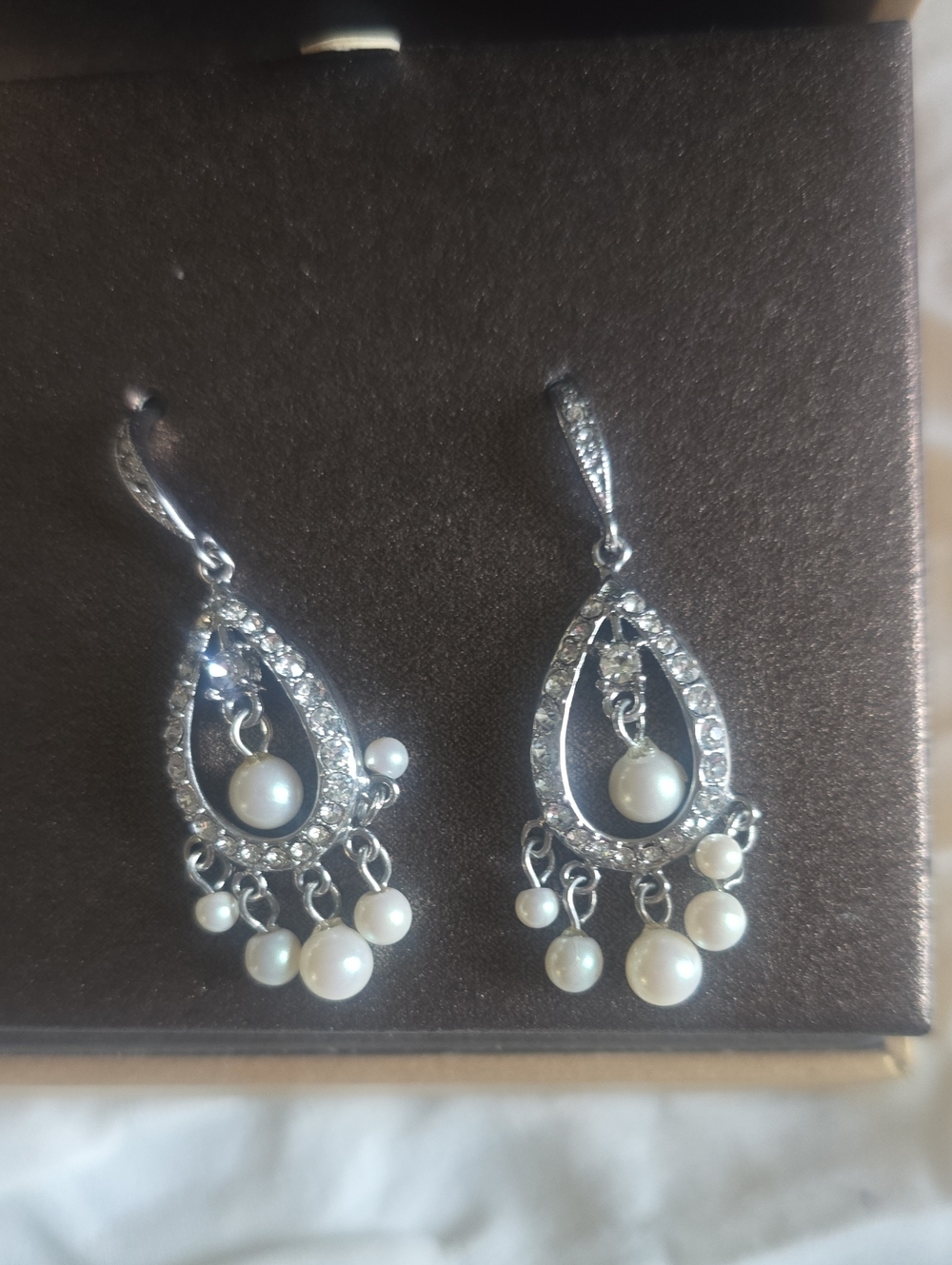 Carolee Silver Teardrop Pearl Chandelier Earrings with Clear Crystals